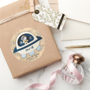 Sticker Rond Blast Off ! Baby shower d'astronautes Vintages