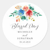 Sticker Rond Blessed Day Pink Blue Floral Mariage d'aquarelle (Devant)
