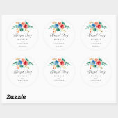 Sticker Rond Blessed Day Pink Blue Floral Mariage d'aquarelle (Feuille)
