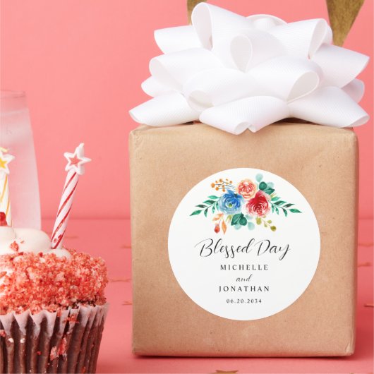 Sticker Rond Blessed Day Pink Blue Floral Mariage d'aquarelle (Fête)