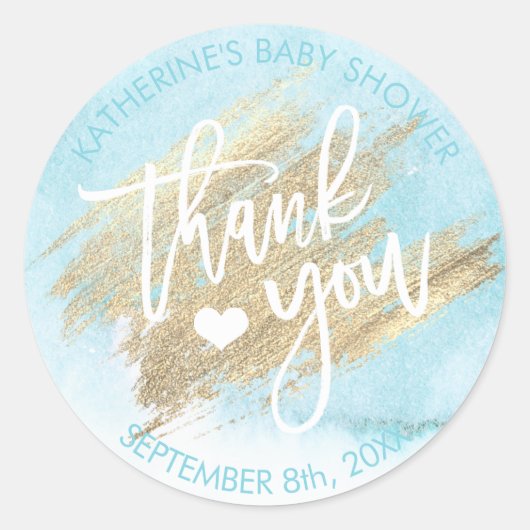 Sticker Rond Bleu Aquarelle Or Brush Baby shower (Devant)