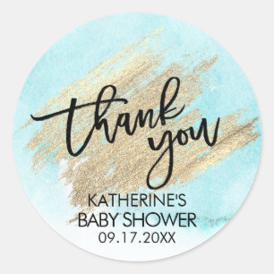 Sticker Rond Bleu Aquarelle Or Brush Baby shower