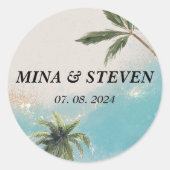 Sticker Rond Bleu aquarelle tropicale plage or mariage (Devant)