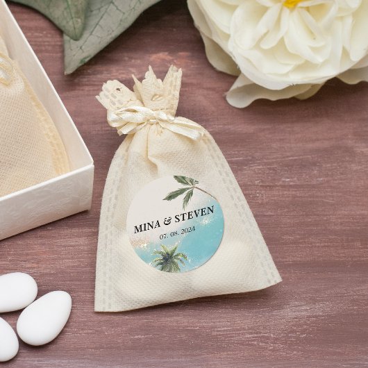 Sticker Rond Bleu aquarelle tropicale plage or mariage