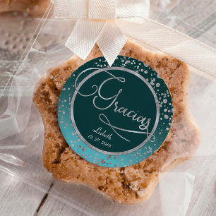 Sticker Rond Bleu Argent Confetti Gracias Merci anniversaire