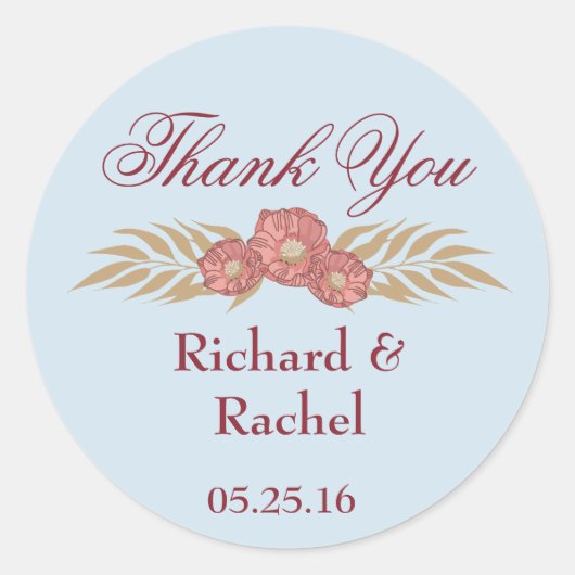 Sticker Rond Bleu avec accent floral rose Merci (Devant)