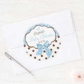 Sticker Rond Bleu Avec Baby shower Pois Brown (Enveloppe)