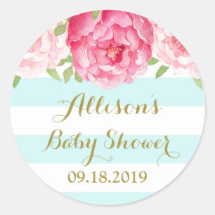 Sticker Rond Bleu Baby shower floral rose Favoriser Balise
