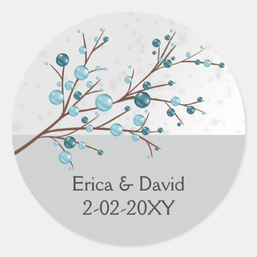 Sticker Rond Bleu Baies d'hiver, Papeterie de mariage d'hiver (Devant)