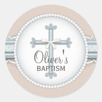 Sticker Rond Bleu bébé | Croix de célébration religieuse beige