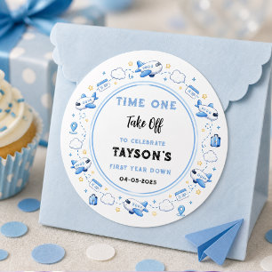 Sticker Rond Bleu Blanc Avion 1er Anniversaire Première Décolla