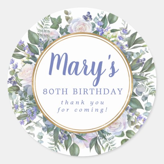Sticker Rond Bleu Blanc Floral 80e anniversaire Merci (Devant)