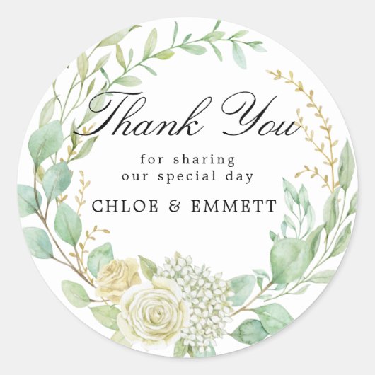 Sticker Rond Bleu Blanc Floral Mariage Favoriser Merci (Devant)