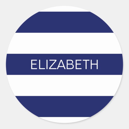 Sticker Rond Bleu blanc Horiz Preppy Stripe #3 Monogramme (Devant)