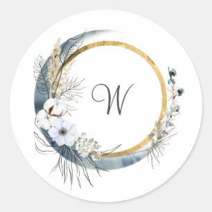 Sticker Rond Bleu Blanc or Floral Monogramme Mariage Boho