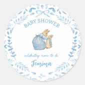 Sticker Rond Bleu blanc Pierre le lapin Baby shower Beatrix (Devant)