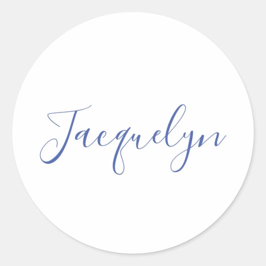 Sticker Rond Bleu Blanc Plaine Élégant Moderne Calligraphie Nom (Devant)
