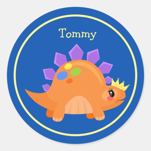 Sticker Rond Bleu Bleu Orange Bébé Dinosaur (Devant)