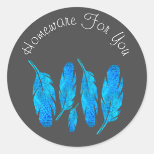 Sticker Rond Bleu boho plumes bleu et gris