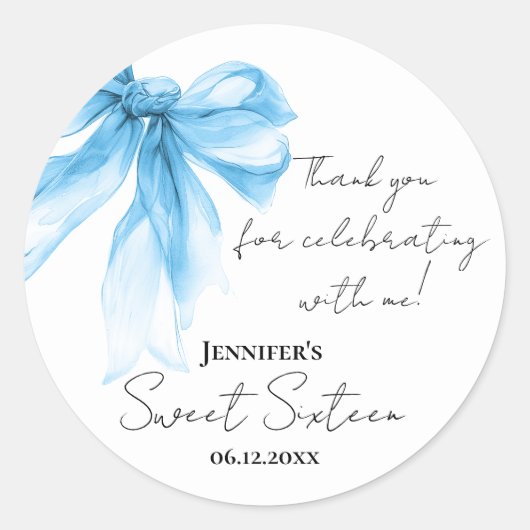 Sticker Rond Bleu Bow Coquette Script Sweet 16 Merci (Devant)