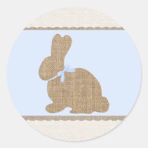 Sticker Rond Bleu & Burlap Lapin Rustique Baby Shower de Pâques