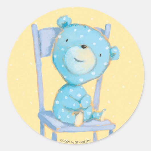 Sticker Rond Bleu Calico Ours sourire sur la chaise (Devant)