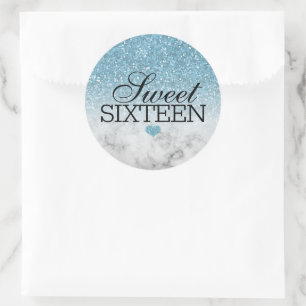 Sticker Rond Bleu Ciel Faux Pailleté/Marbre Sweet 16