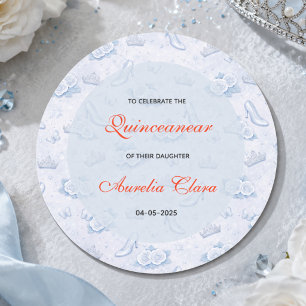 Sticker Rond Bleu Clair Argent Princesse Quinceanera Anniversai