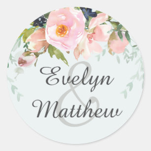 Sticker Rond Bleu clair avec Mariage de bouquet rose pâle