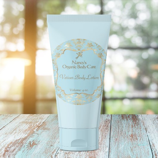 Sticker Rond Bleu clair et feuille d'or damask cosmétiques étiq