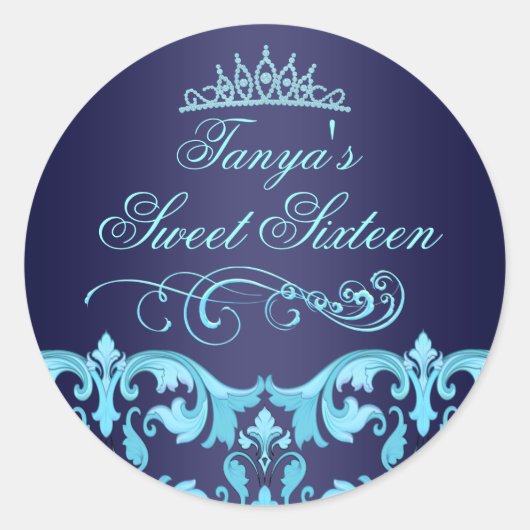 Sticker Rond Bleu Damas & Tiara Sweet 16 Enveloppe Sticker/scea (Devant)