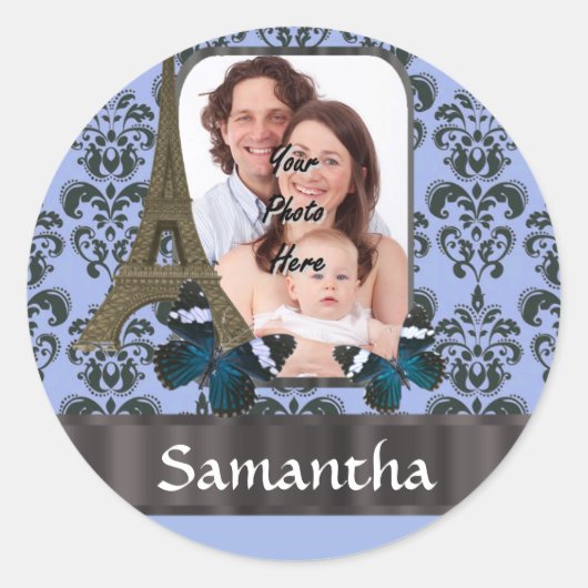 Sticker Rond Bleu damassé Paris collage (Devant)