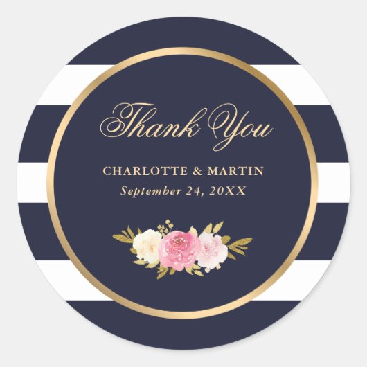 Sticker Rond Bleu de marine rayures rose Mariage Merci (Devant)