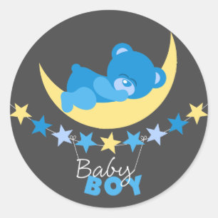 Sticker Rond Bleu Dormir Garçon Teddy Ours Sur Baby shower Lune