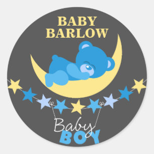 Sticker Rond Bleu Dormir Garçon Teddy Ours Sur Baby shower Lune