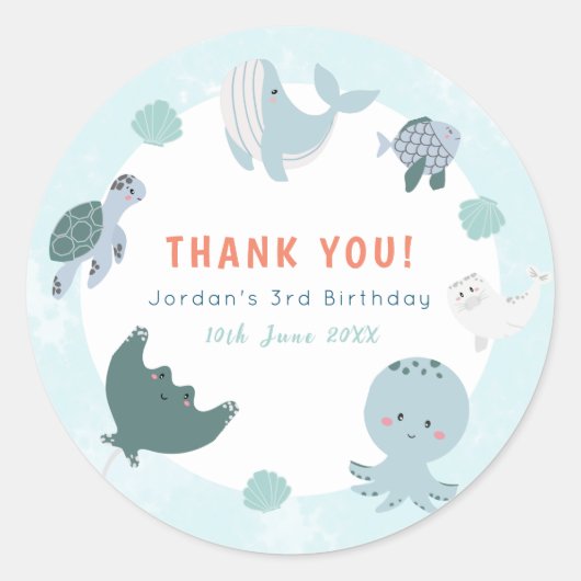 Sticker Rond Bleu Doux Sous Le Merci D'Aquarelle De Mer (Devant)