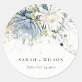 Sticker Rond Bleu doux Vert Succulent Mariage botanique fleuri (Devant)