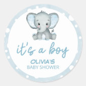 Sticker Rond Bleu Eléphant mignon C'est un Baby shower garçon (Devant)