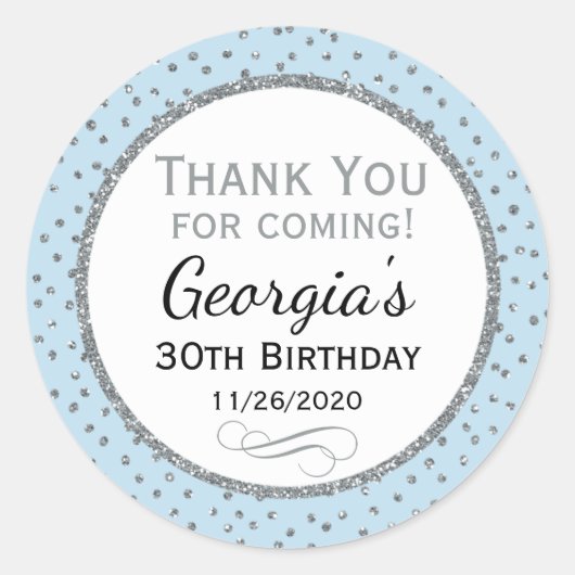 Sticker Rond Bleu en poudre Merci d'anniversaire Favor Balise (Devant)