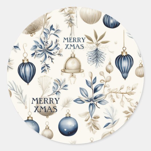 Sticker Rond Bleu et beige Noël Ornements Motif (Devant)