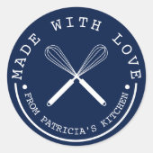 Sticker Rond Bleu Et Blanc De La Cuisine Fabriquée Avec Amour (Devant)