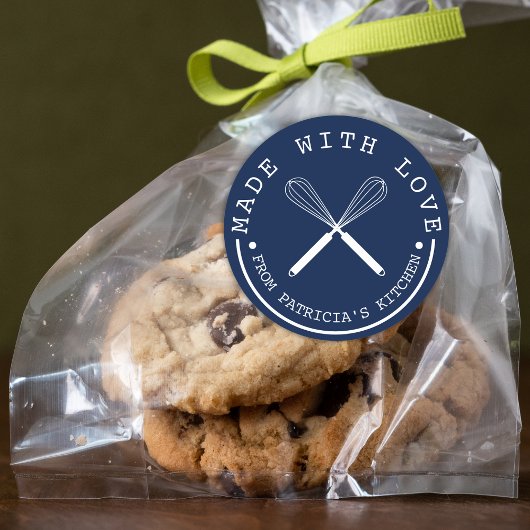 Sticker Rond Bleu Et Blanc De La Cuisine Fabriquée Avec Amour