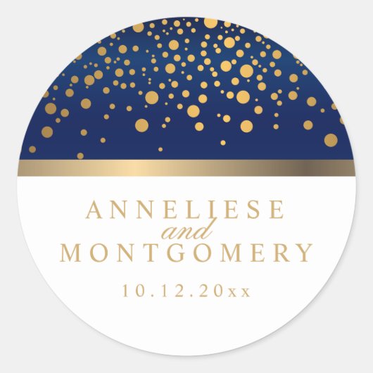 Sticker Rond Bleu et blanc de marine avec points Confetti d'or (Devant)