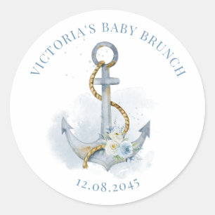 Sticker Rond Bleu et Blanc Floral Anchor Nautilus Baby Brunch