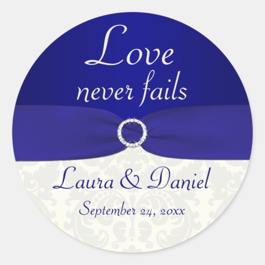 Sticker Rond Bleu et ivoire Damask Mariage rond 1,5 po (Devant)
