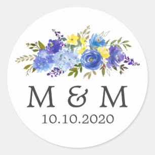 Sticker Rond Bleu et jaune   Monogramme classique Mariage flora