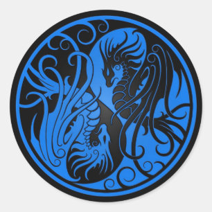 Sticker Rond Bleu et noir Yin Yang Dragons