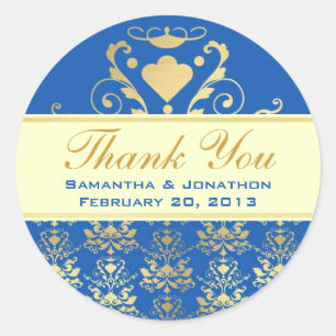 Sticker Rond Bleu et or Damas avec Merci Mariage ivoire