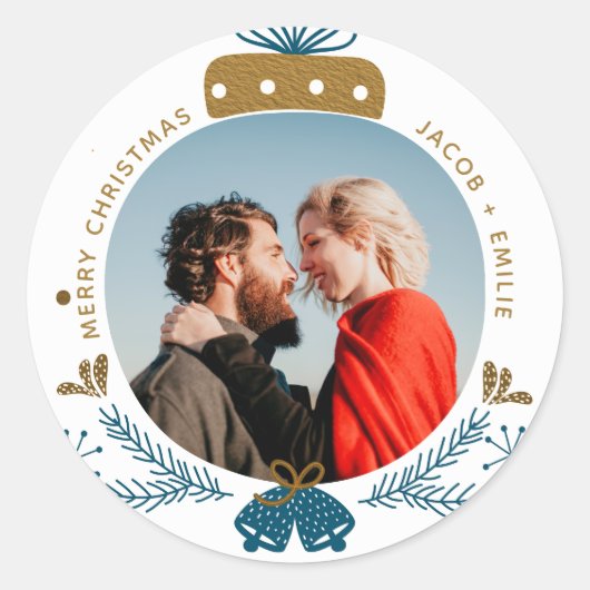 Sticker Rond Bleu et or | Joyeux Noël Bauble photo (Devant)