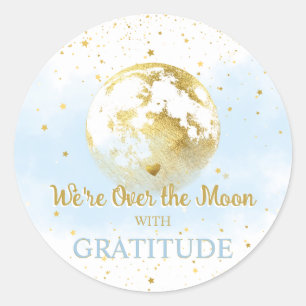 Sticker Rond Bleu et or sur la lune Baby shower Merci